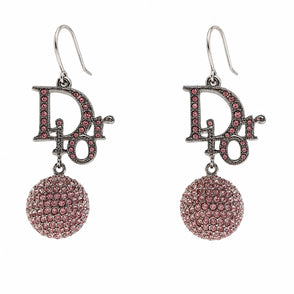 Vintage Christian Dior Pink Crystal Logo Drop Earrings