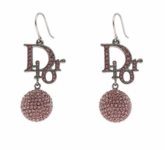Vintage Christian Dior Pink Crystal Logo Drop Earrings