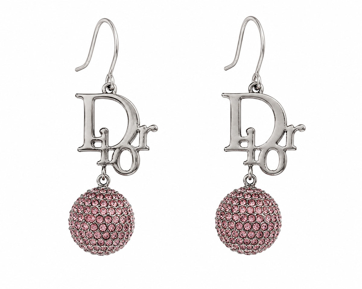 Vintage Christian Dior Pink Crystal Logo Drop Earrings