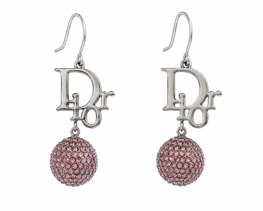Vintage Christian Dior Pink Crystal Logo Drop Earrings