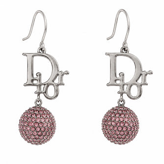 Vintage Christian Dior Pink Crystal Logo Drop Earrings