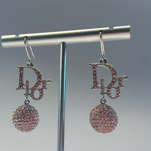 Vintage Christian Dior Pink Crystal Logo Drop Earrings