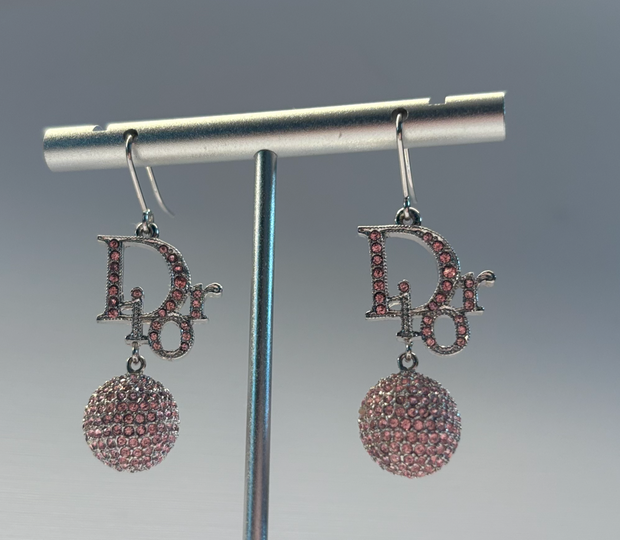 Vintage Christian Dior Pink Crystal Logo Drop Earrings